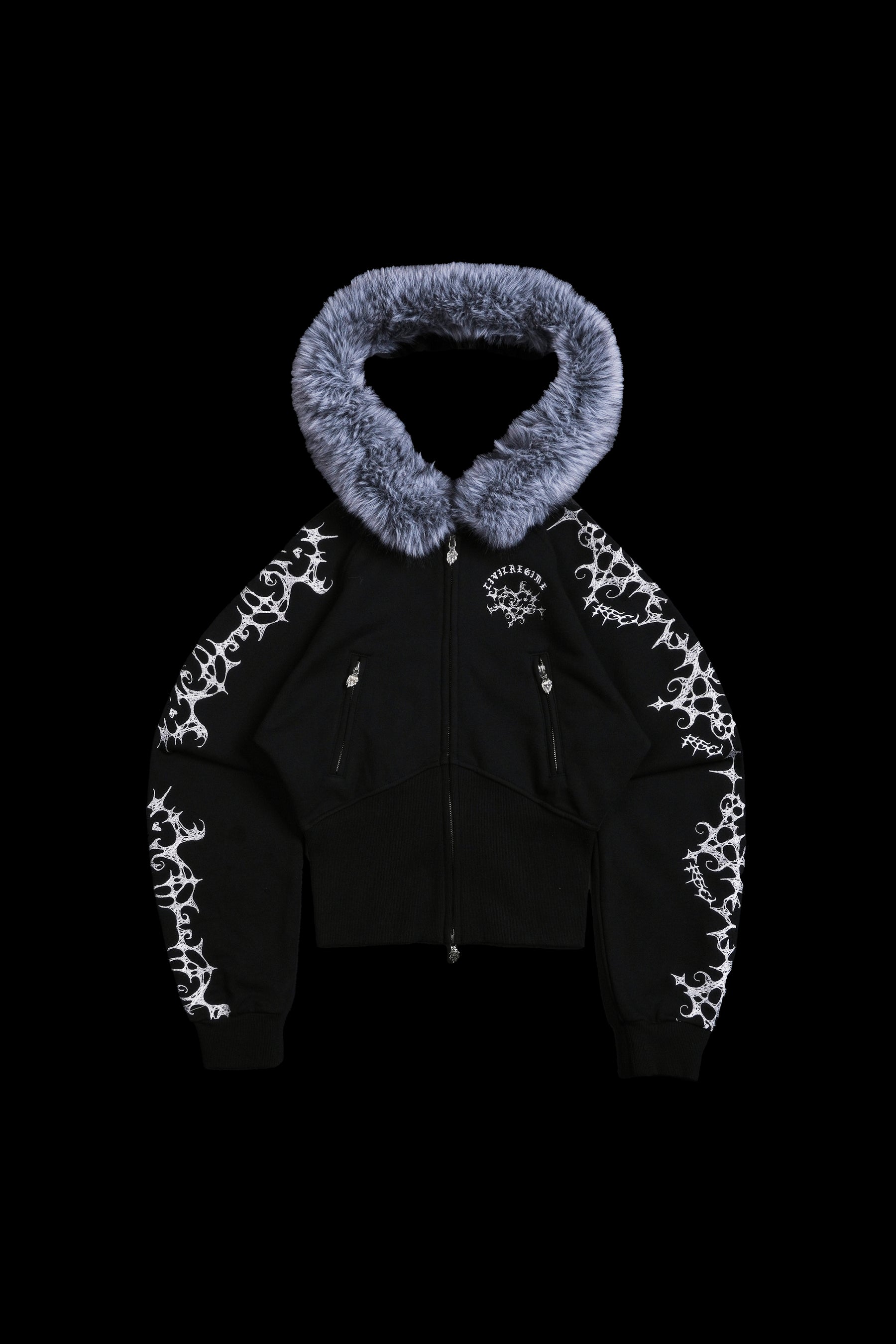 Women's Civil Regime Lover's Lament Angel Cropped Fur Zip Up Hoodie Black Sz M