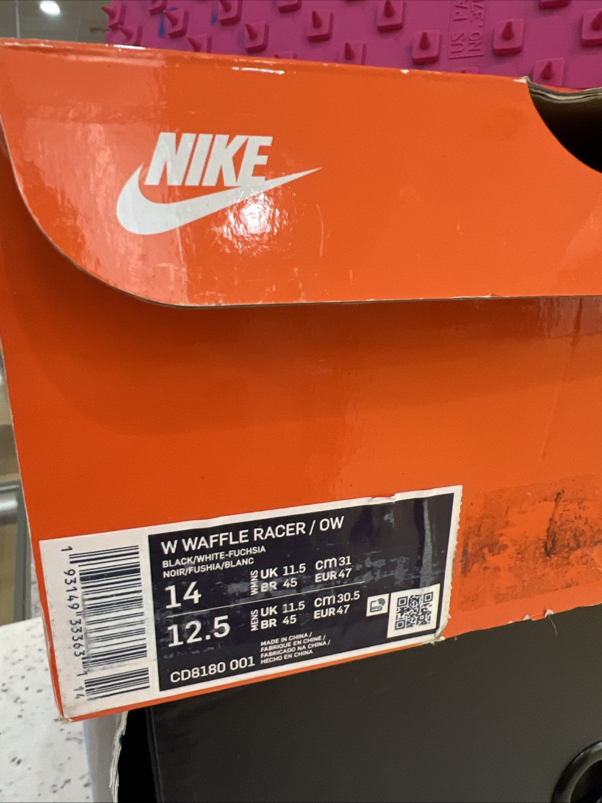 Off-White x Nike Waffle Racer Fuchsia Womens Sz 14/12.5M DEFECT YELLOWING