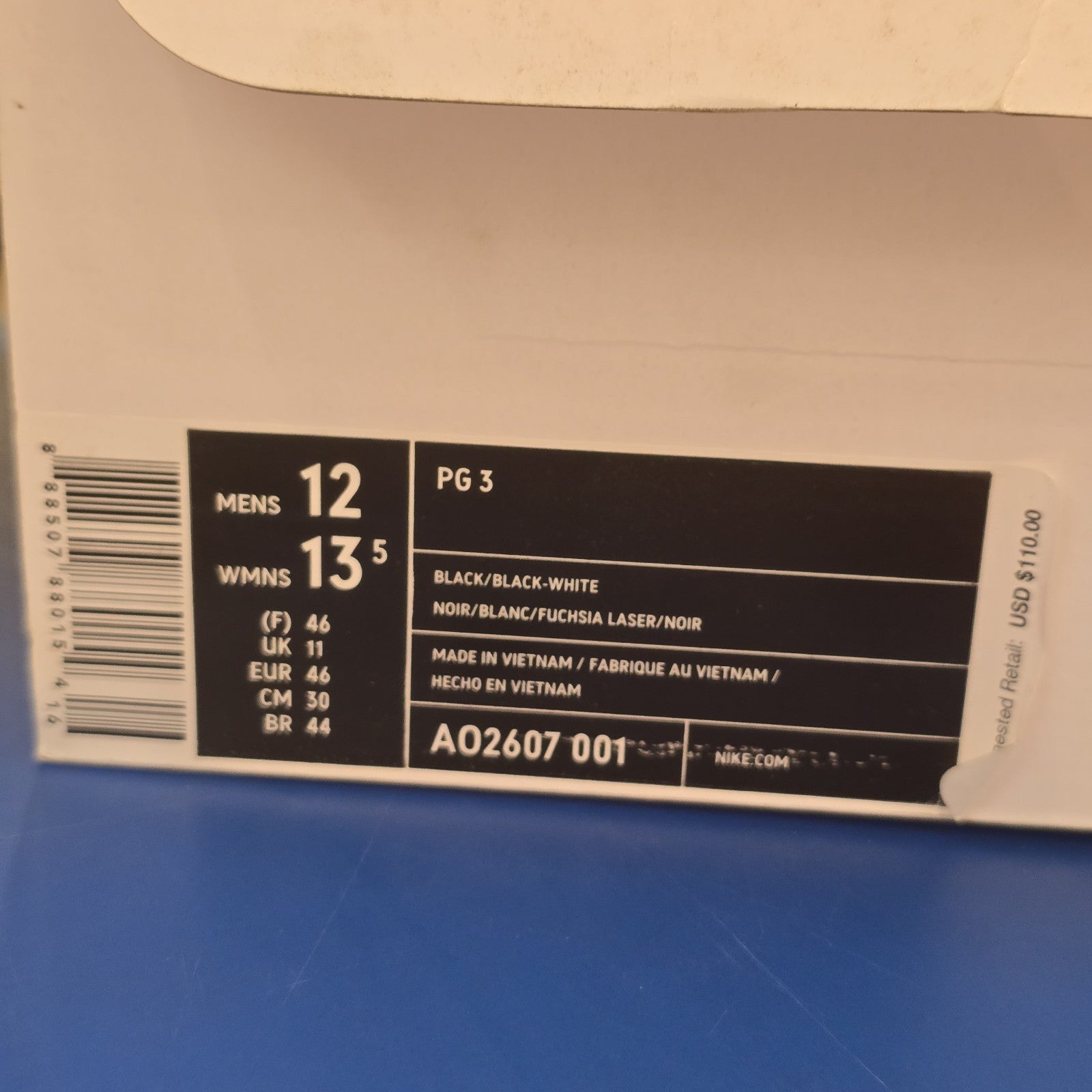 Nike PG 3 Black White SZ 12 Yellowed