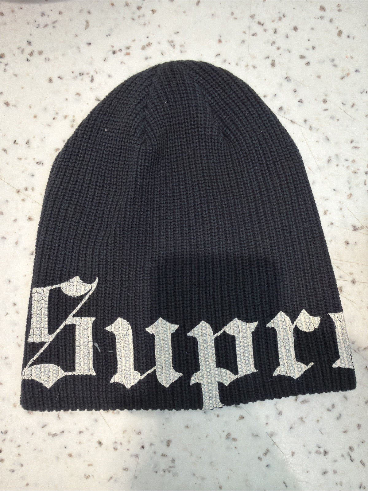 Supreme SS26 Old English Printed Beanie Black w/ Defect