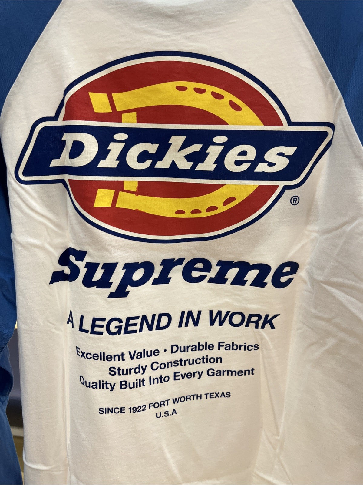 Supreme x Dickies Raglan Long Sleeve Graphic Logo Tee White/Blue Sz S