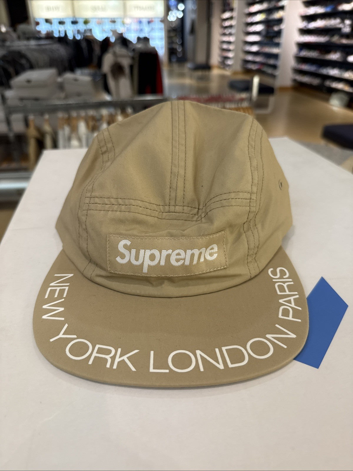 Supreme Visor Print Camp Cap Hat Light Khaki Tan Box Logo SS18 Authentic Rare