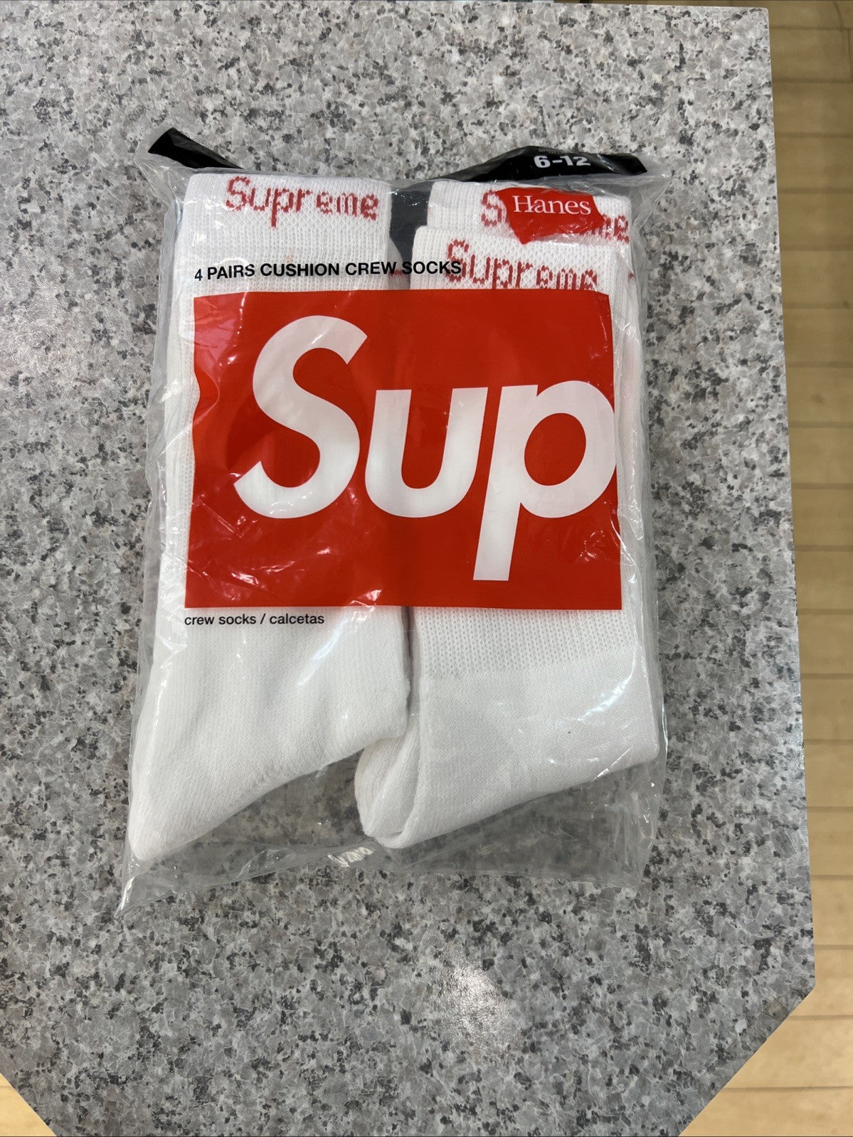 Supreme X Hanes Crew Socks - White/Black Sz 6-12
