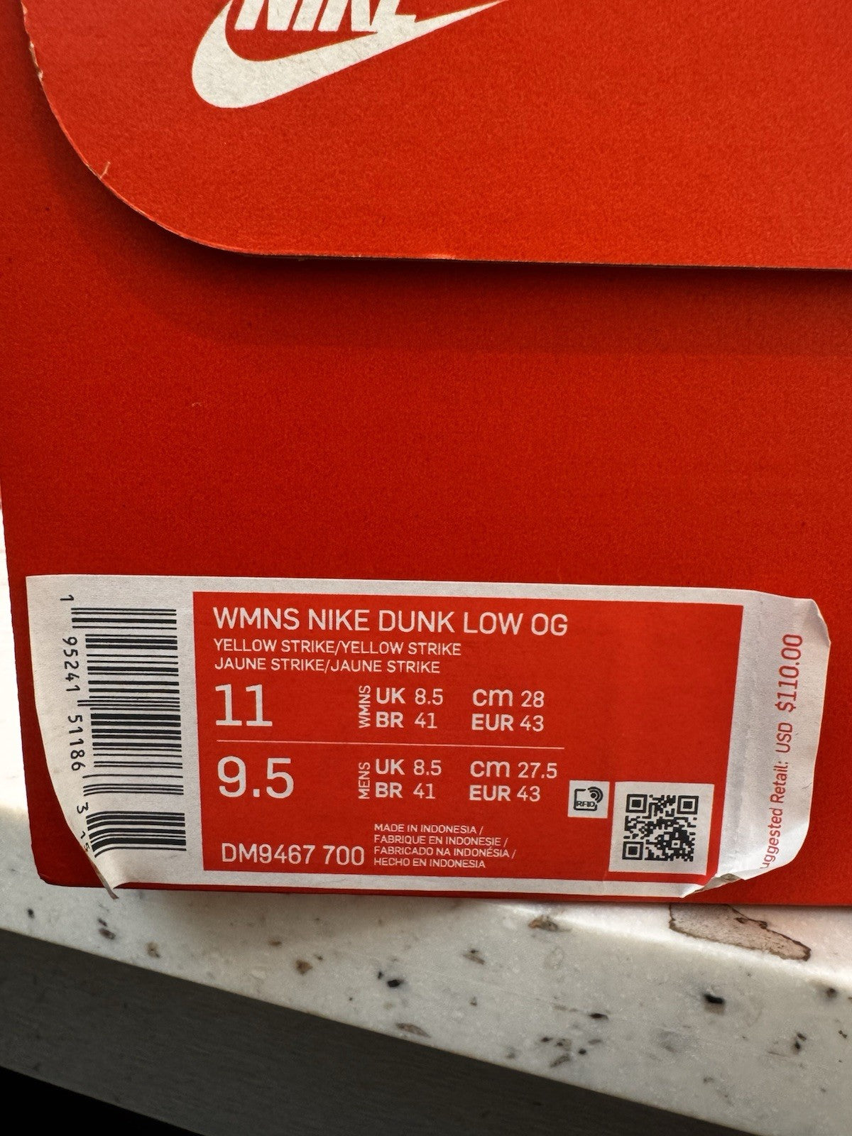 Nike Dunk OG Low Yellow Strike Womens Size 11/9.5M