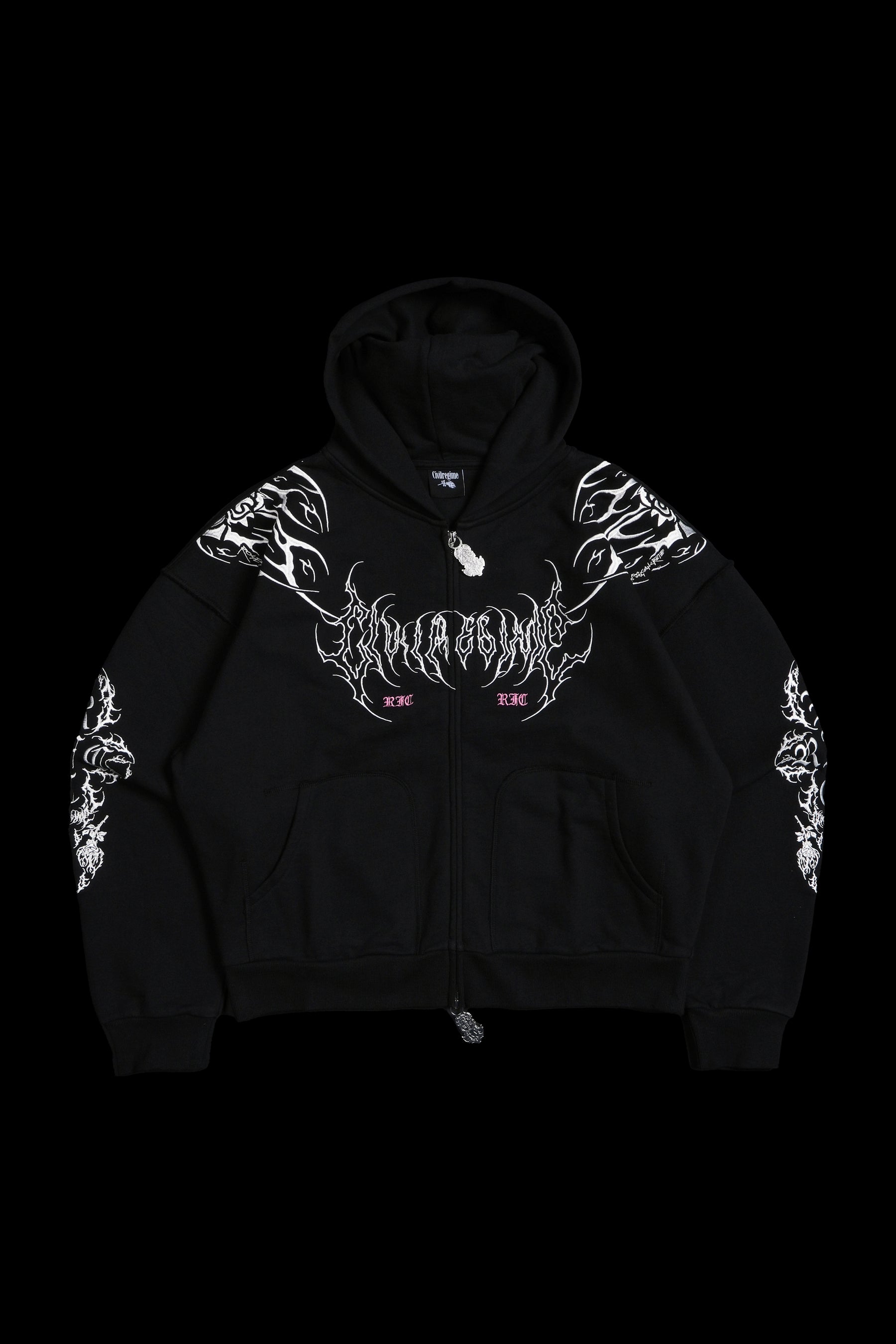Civil Regime Surging Through The Blossoms Outliers Distressed Zip Up Hoodie Black / Pink Sz M