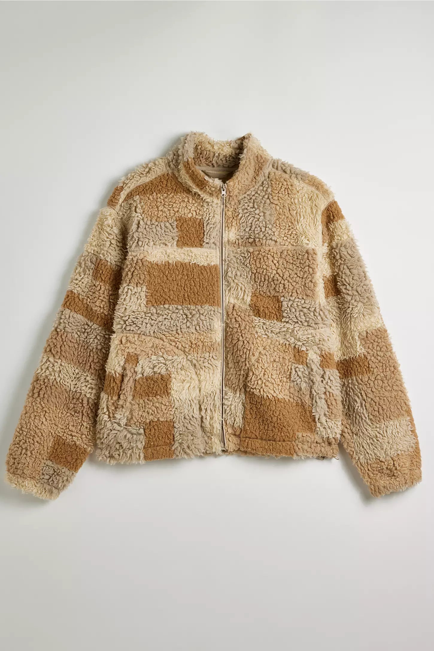 BDG Patchwork Fleece Zip Jacket Tan Sz XS