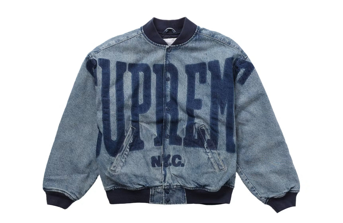 Supreme Washed Knockout Denim Varsity Jacket Sz Large