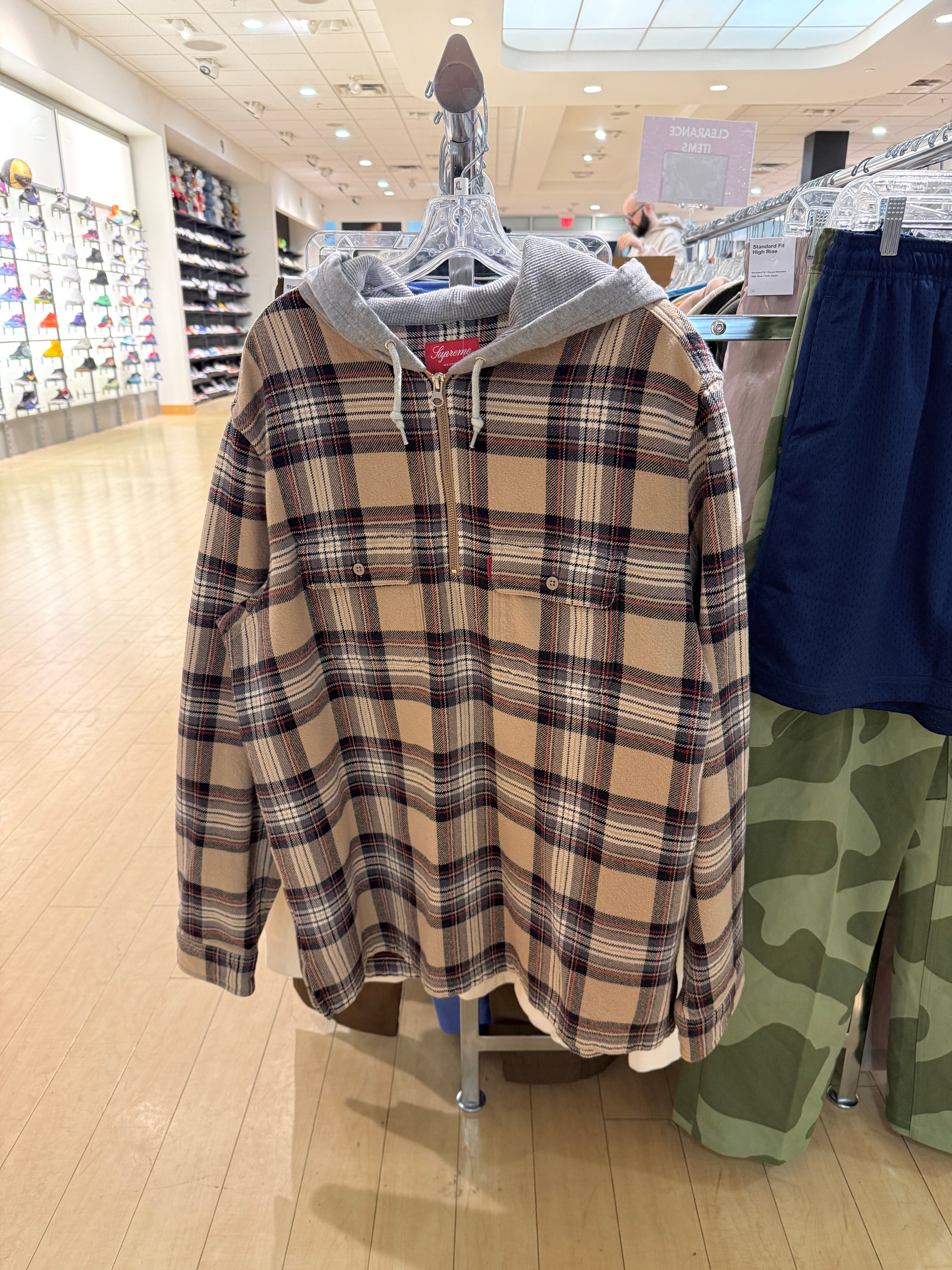 Supreme Hooded Plaid Half Zip Sweatshirt Tan FW16 Sz XL USED