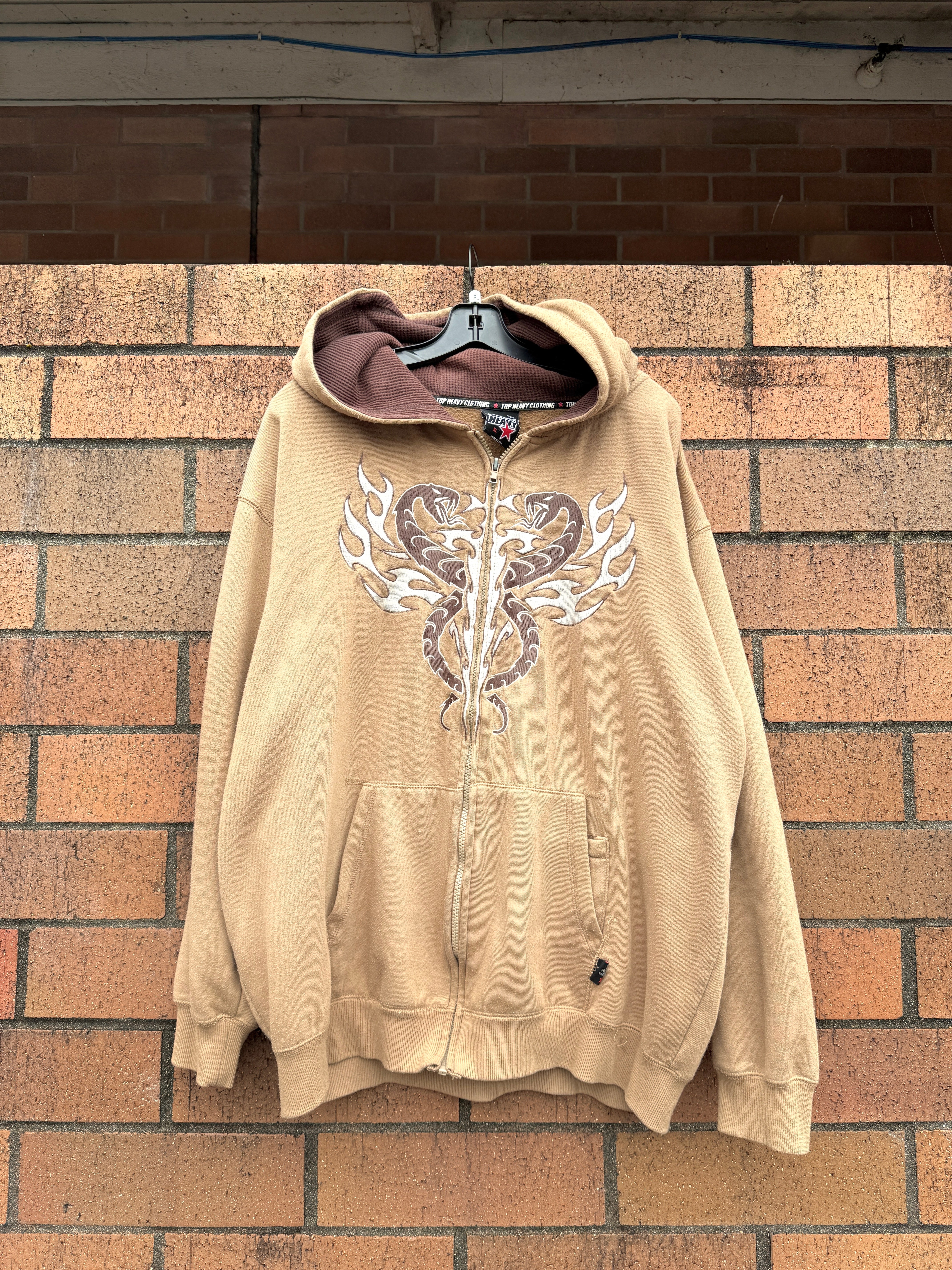 Y2K Top Heavy Brown Tribal Snake Zip Up Hoodie Sz XL