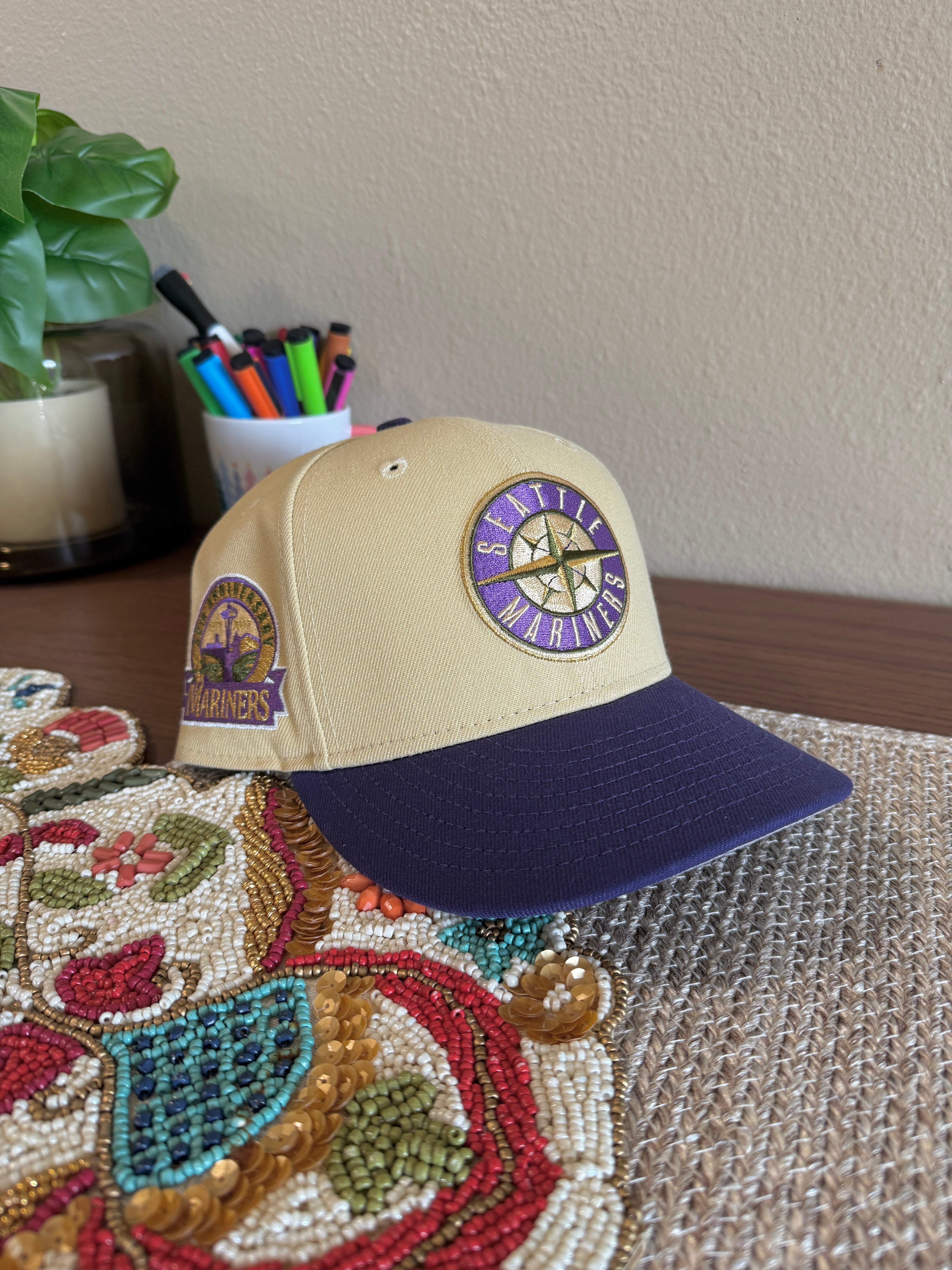 New Era Seattle Mariners 30th Anniversary Fitted Hat Tan Purple Olive USED Size 7 1/4
