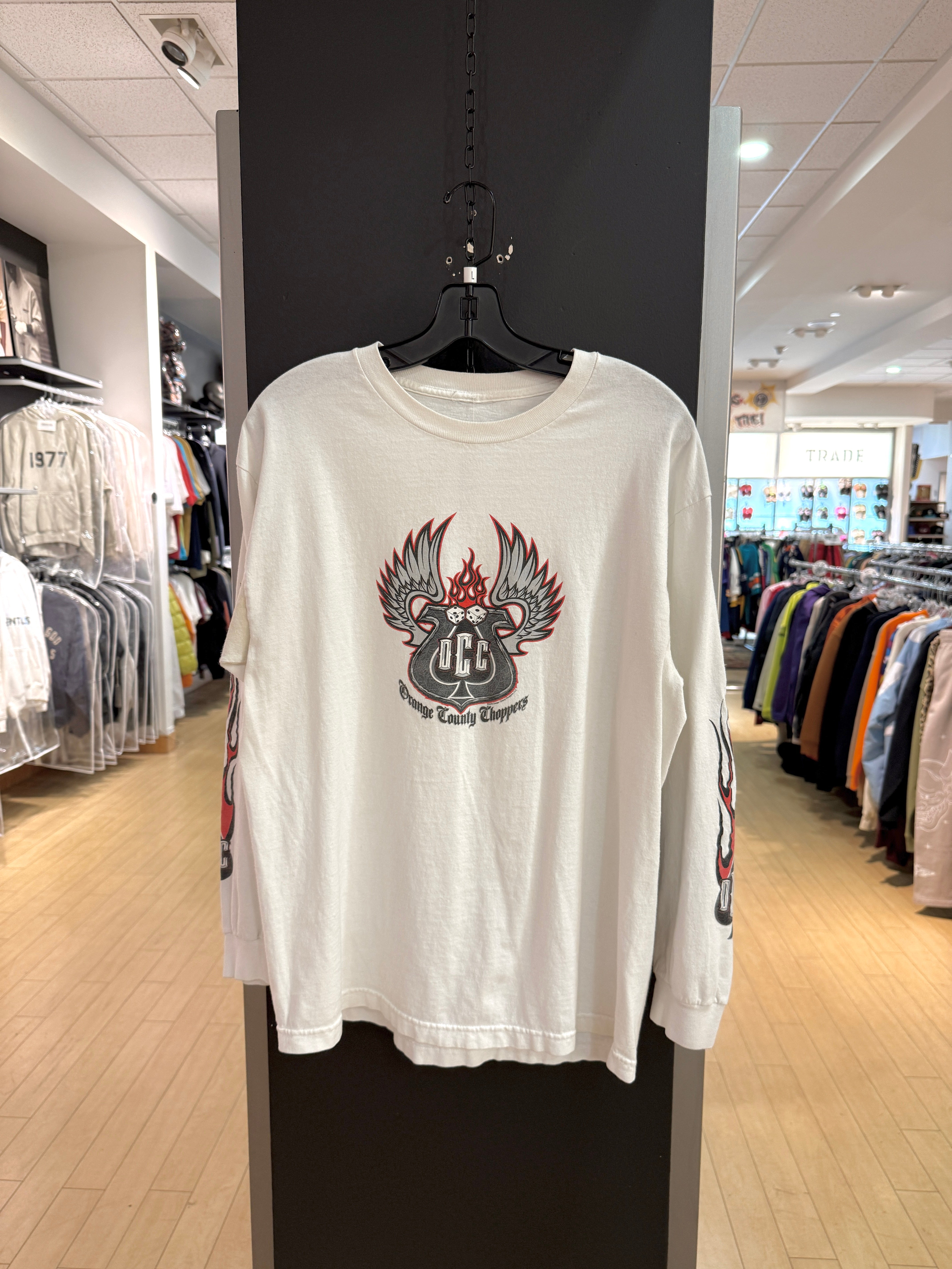 2003 Orange County Choppers White / Red Flame Long Sleeve Tee Size L