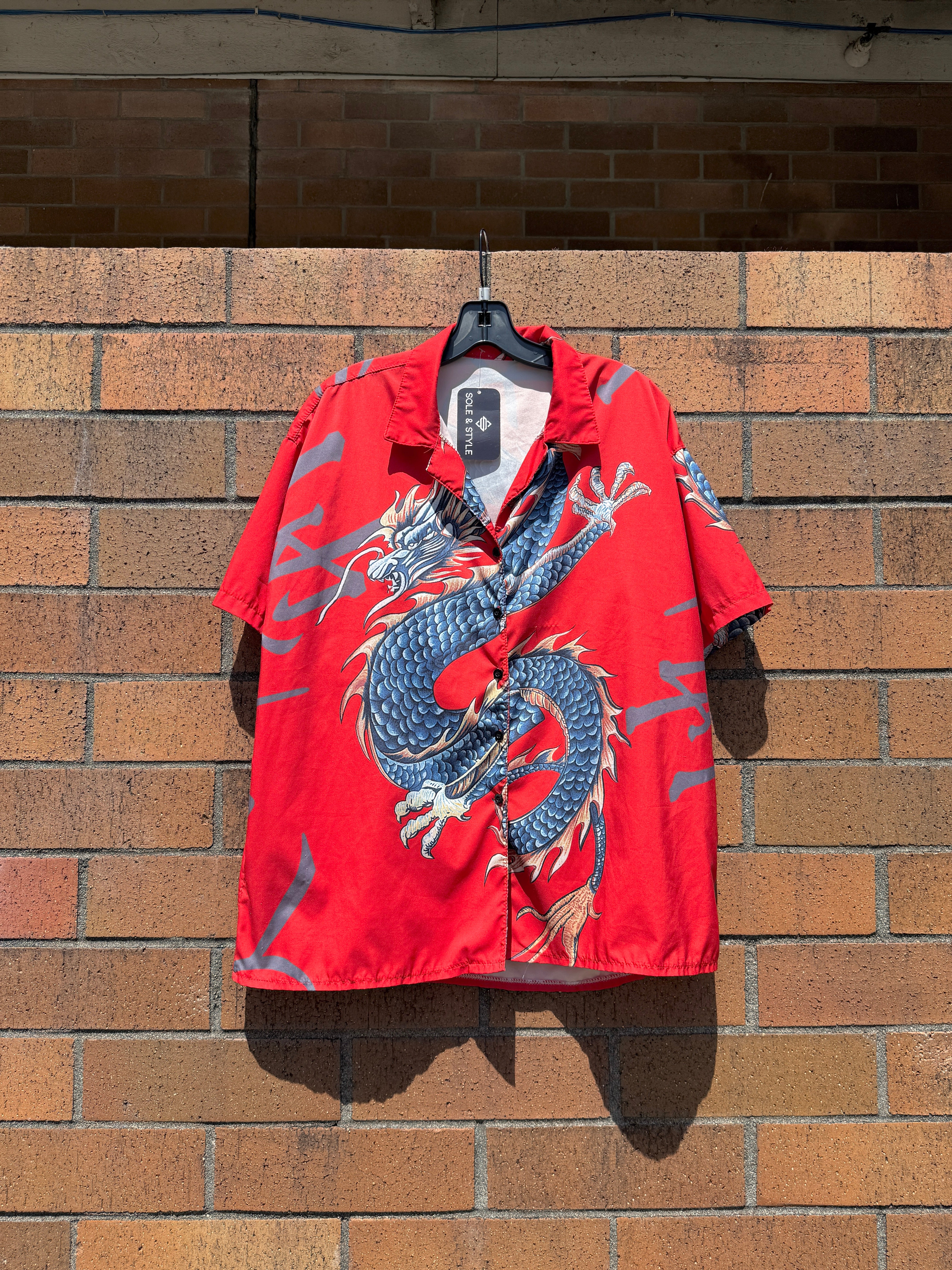 Y2K Unbranded Dragon Button Up Red Size L
