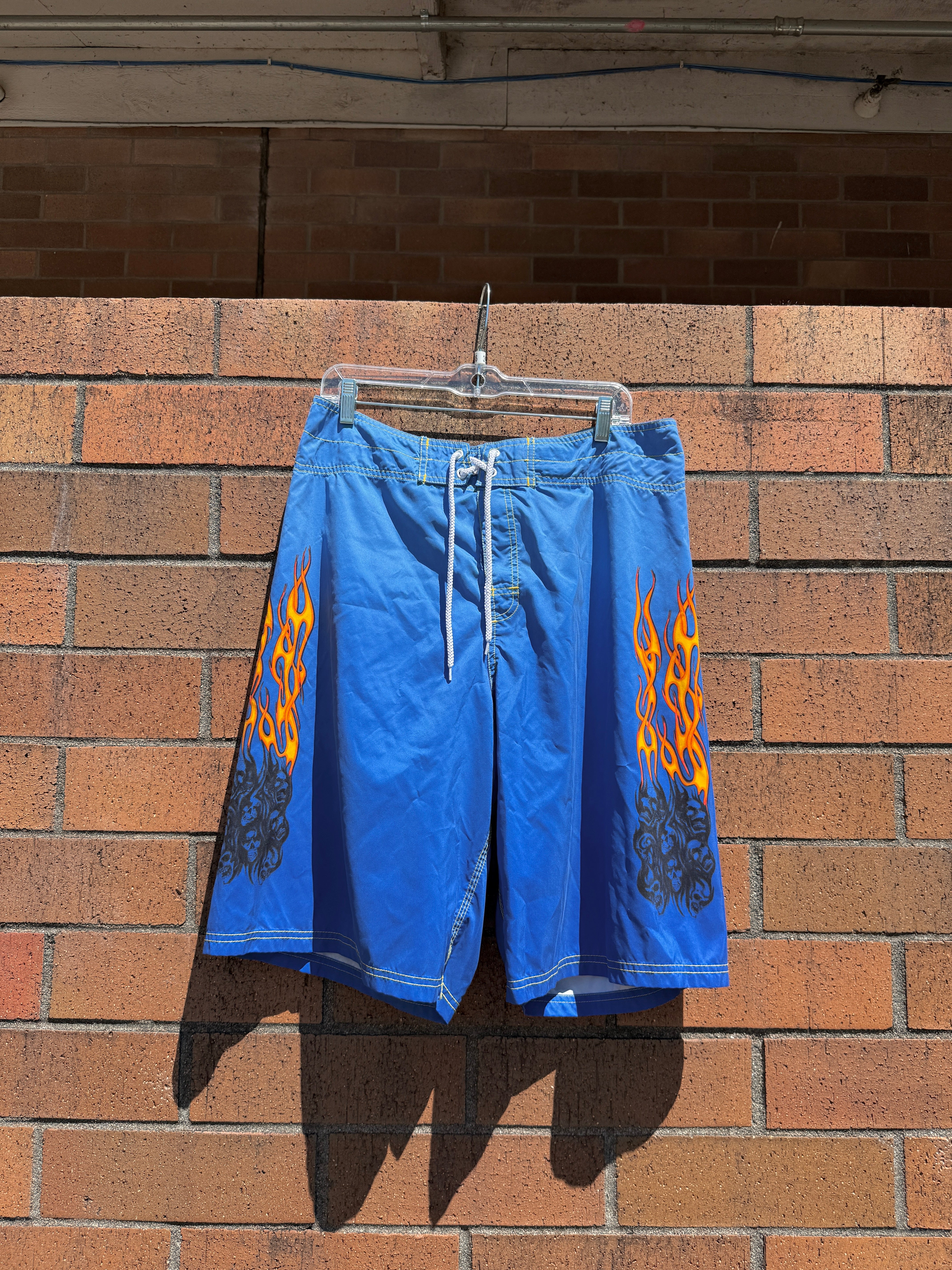 Y2K Sideout Blue Skull Flame Board Shorts Size 36