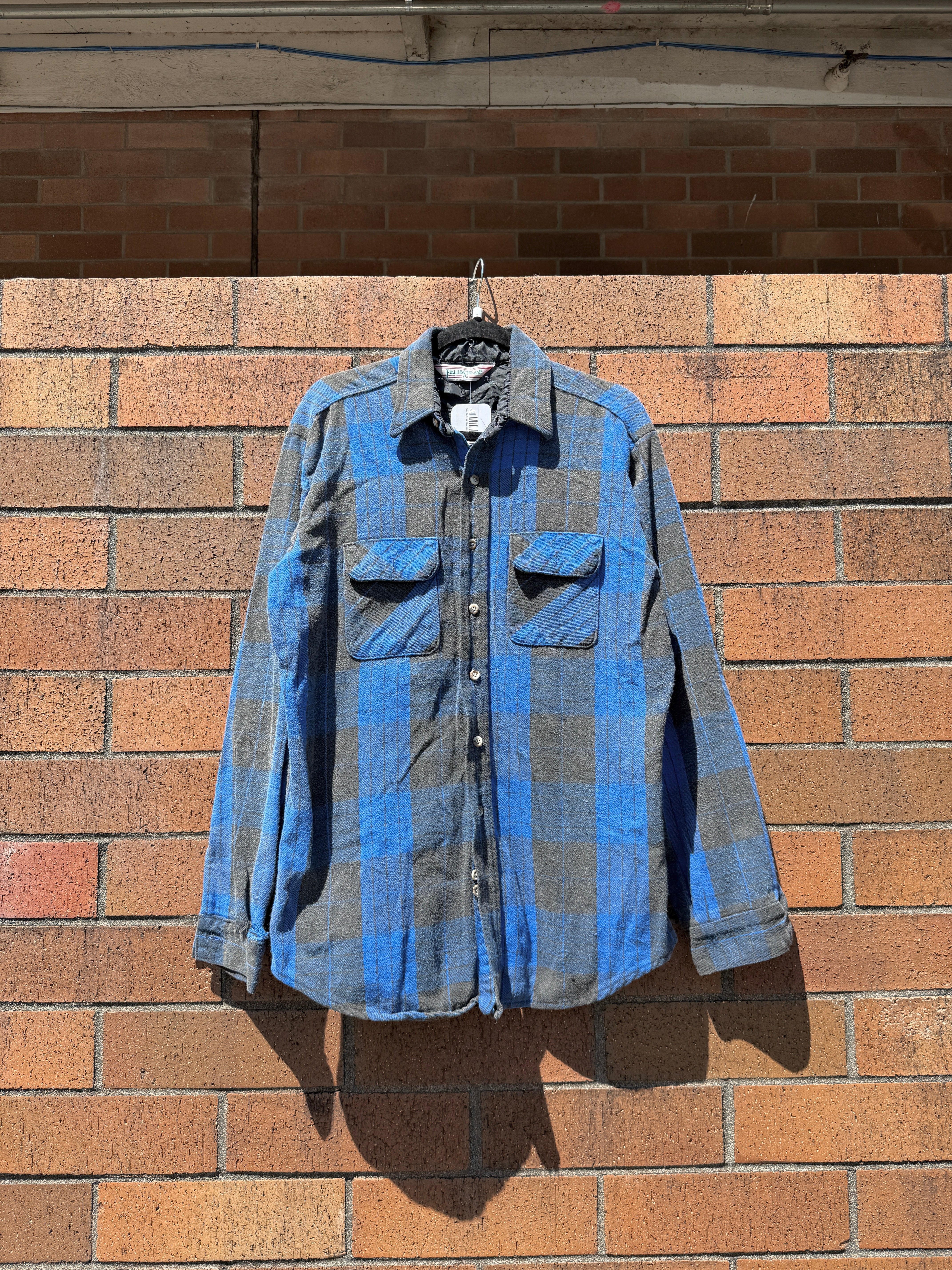 80s Field & Stream Black / Blue Plaid Flannel Size L