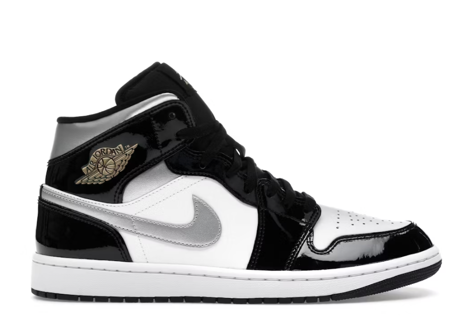 Jordan 1 Mid SE Patent Black Metallic Silver Metallic Gold SZ 10.5