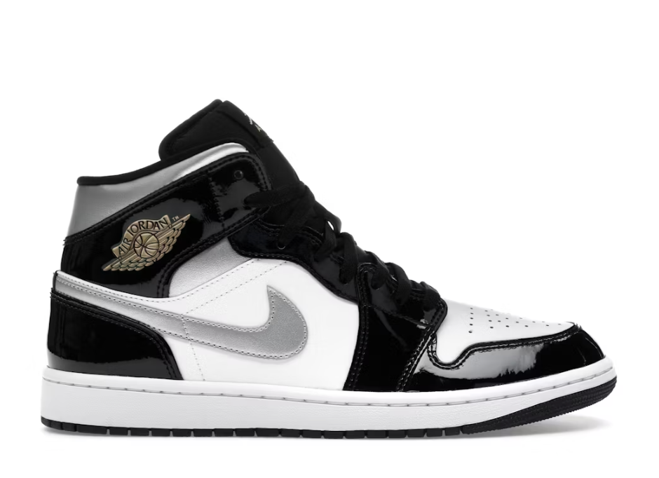 Jordan 1 Mid SE Patent Black White Silver Gold Sz 11 NO BOX LID