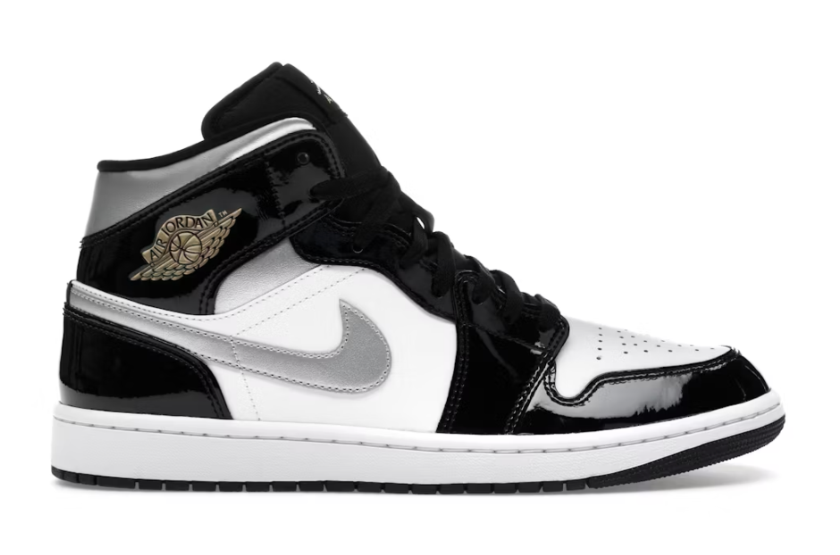 Jordan 1 Mid SE Patent Black White Silver Gold Sz 12 NO BOX LID
