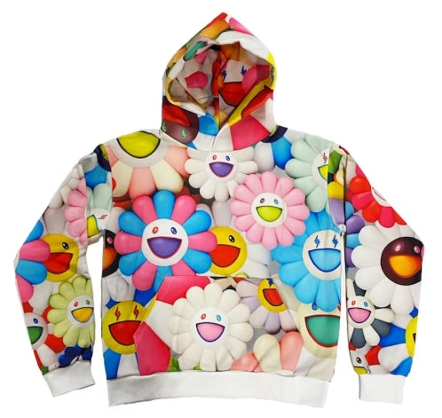 J Balvin x Takashi Murakami All Over Flowers Hoodie Multi SZ LARGE DEFECT