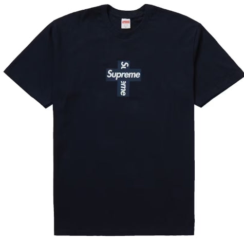 Supreme Cross Box Logo Tee Navy SZ MEDIUM DEFECT