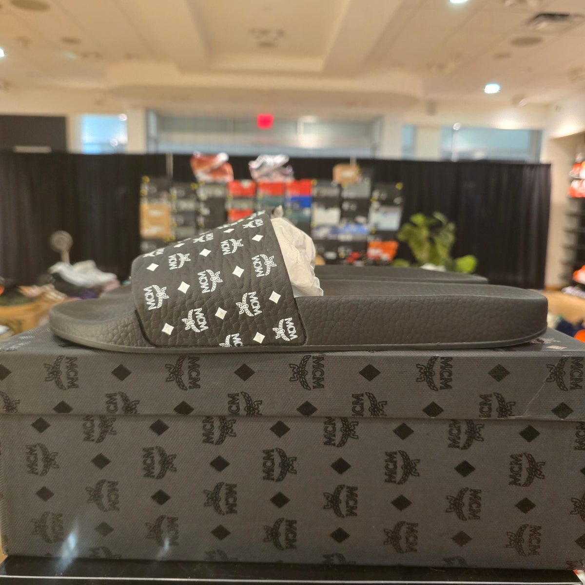 MCM Monogram Slides Black White USED DEFECT STRAP