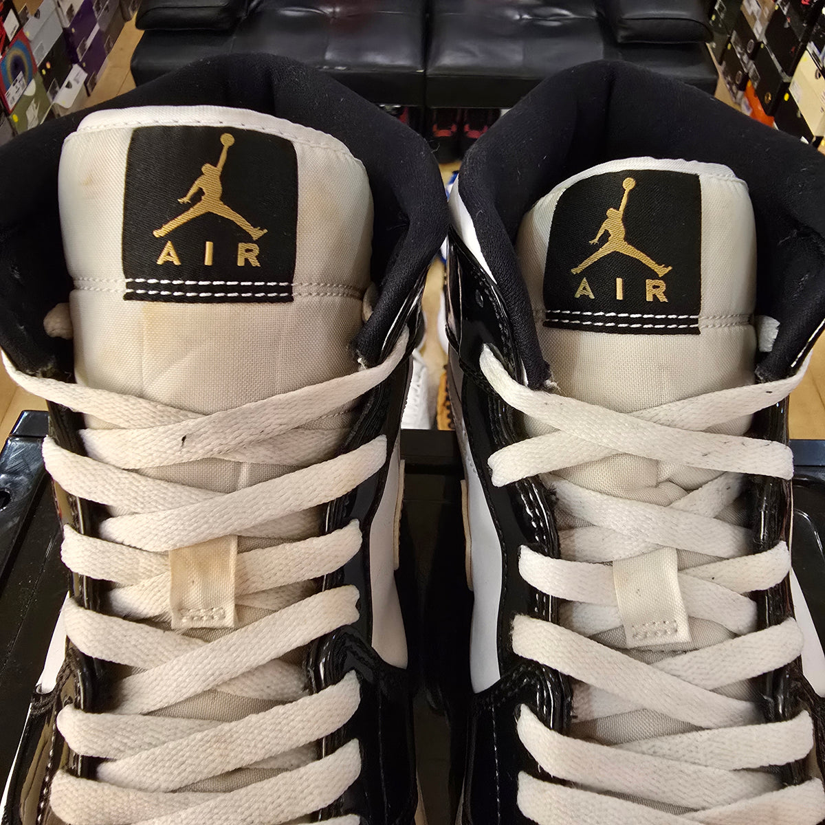 Jordan 1 Mid Patent Black White Gold SZ 11.5 USED NO BOX
