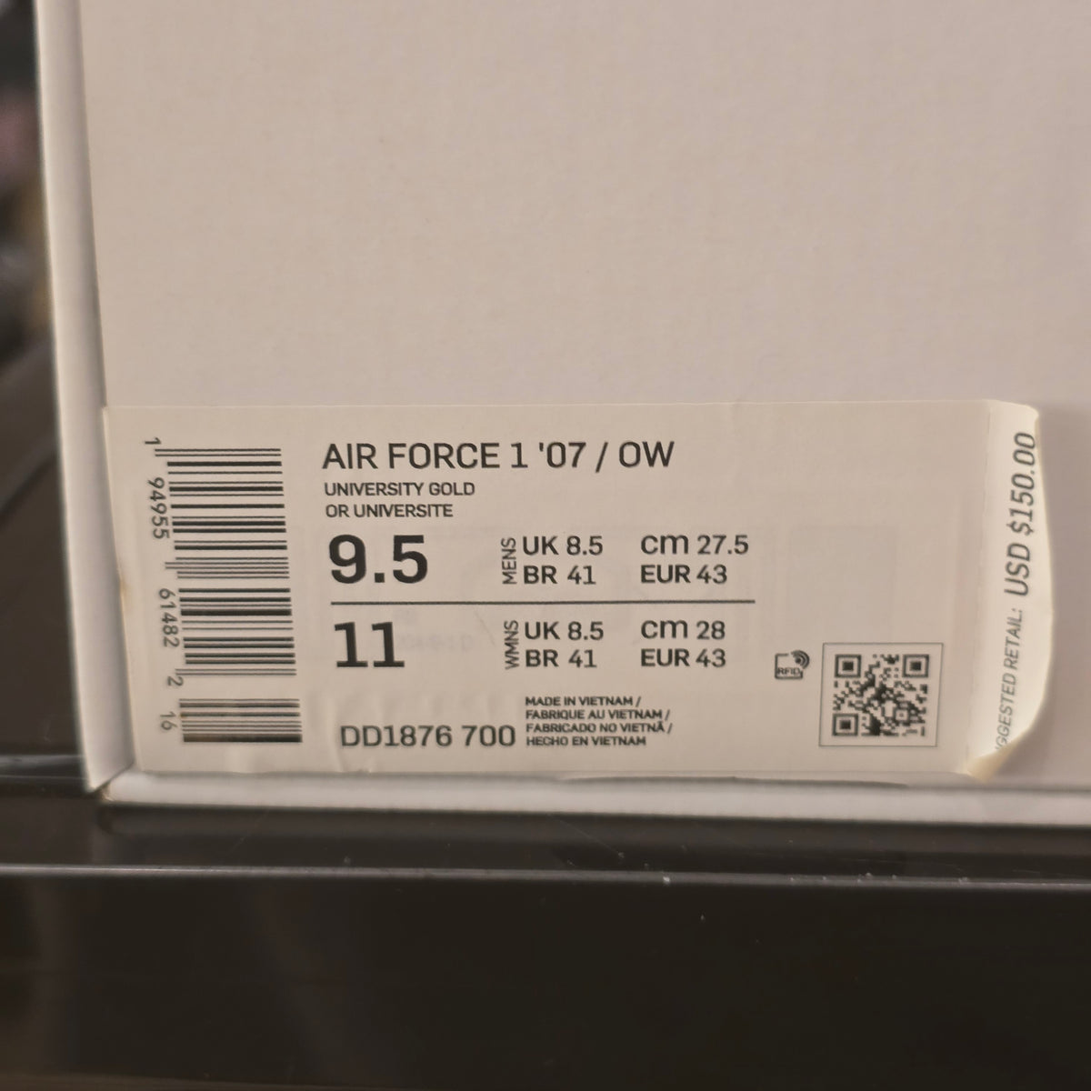 Nike Air Force 1 Low Off-White ICA University Gold SZ 9.5