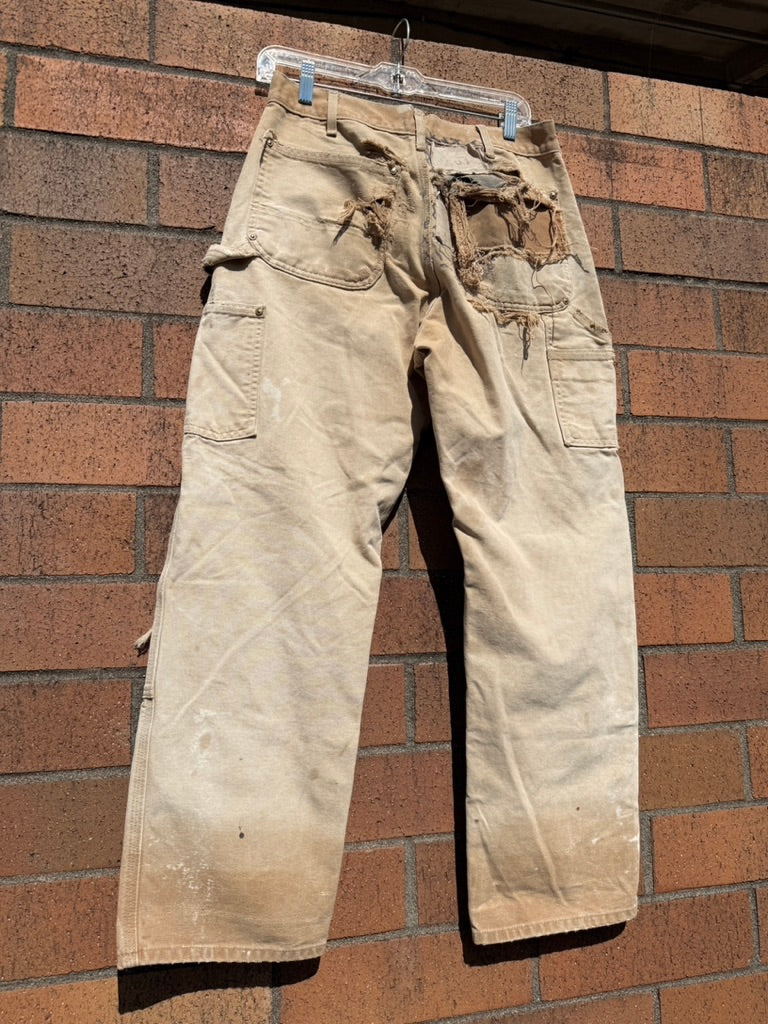 Y2K Carhartt Thrashed + Repaired Tan Double Knees Size 30x28