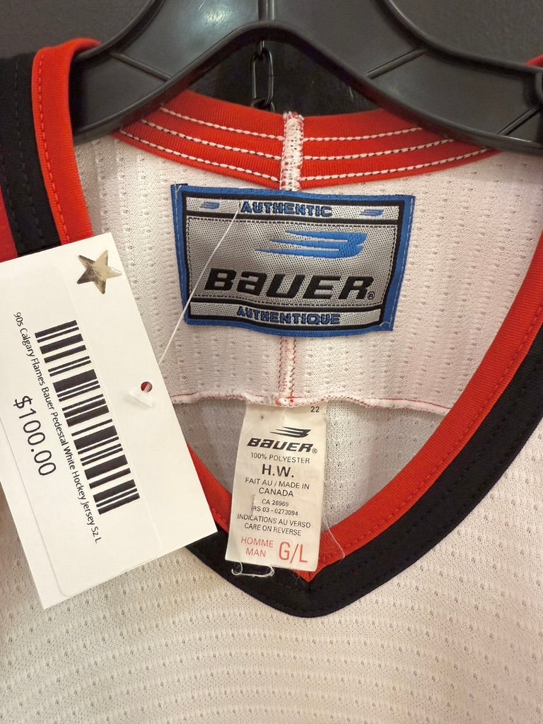 90s Calgary Flames Bauer Pedestal White Hockey Jersey Sz L