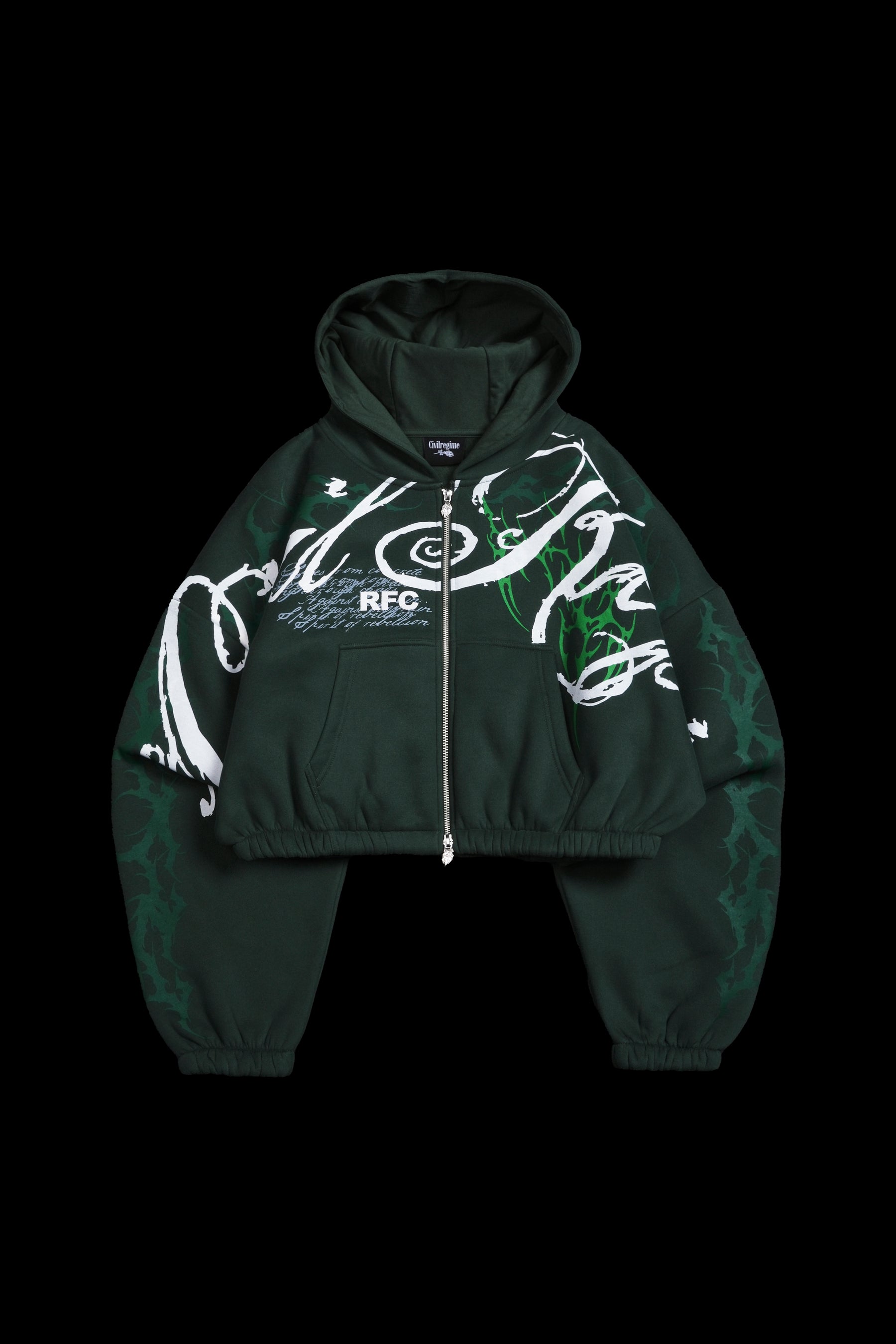 Civil Regime Letter To You Ultra Crop Zip Up Hoodie Dark Green Sz Small