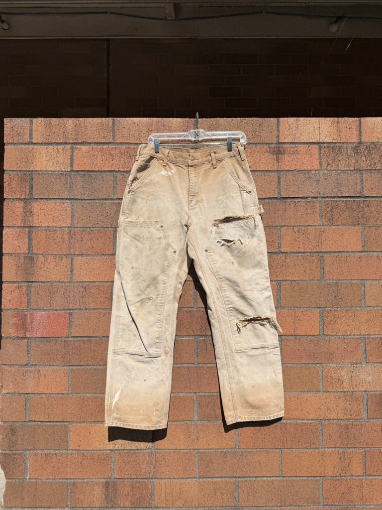 Y2K Carhartt Thrashed + Repaired Tan Double Knees Size 30x28