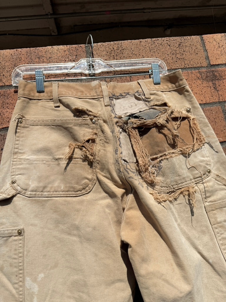 Y2K Carhartt Thrashed + Repaired Tan Double Knees Size 30x28
