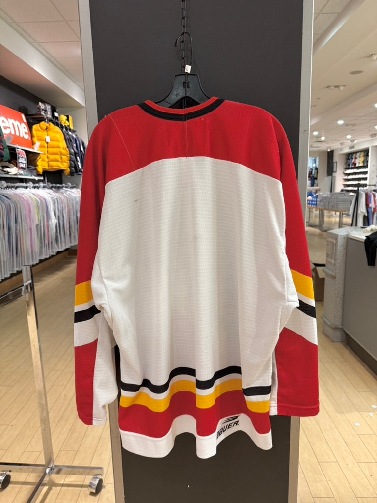 90s Calgary Flames Bauer Pedestal White Hockey Jersey Sz L