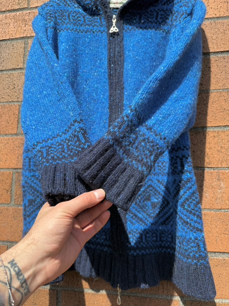 90s Aran Crafts Ireland Blue Hooded Wool Sweater Size XL