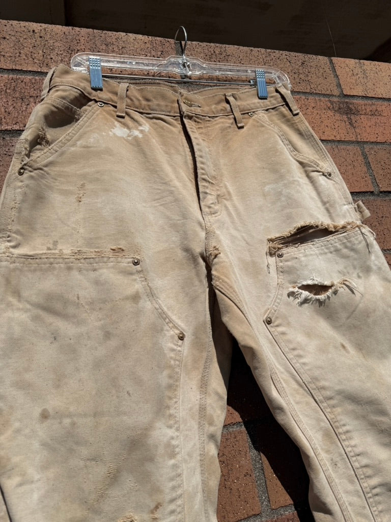 Y2K Carhartt Thrashed + Repaired Tan Double Knees Size 30x28