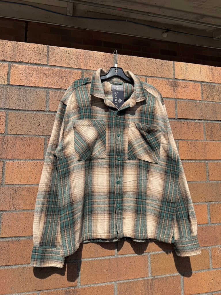 Saints Studio Tan / Green Plaid Flannel Size L