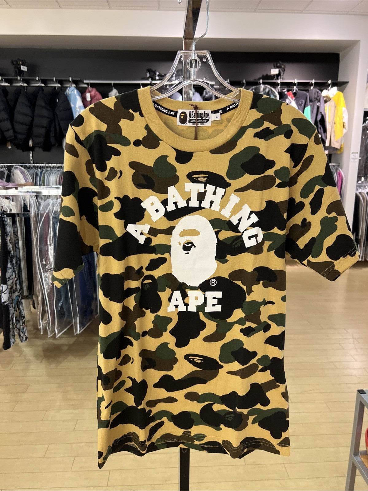 A Bathing Ape Yellow Camo Bape College T Shirt Size Small
