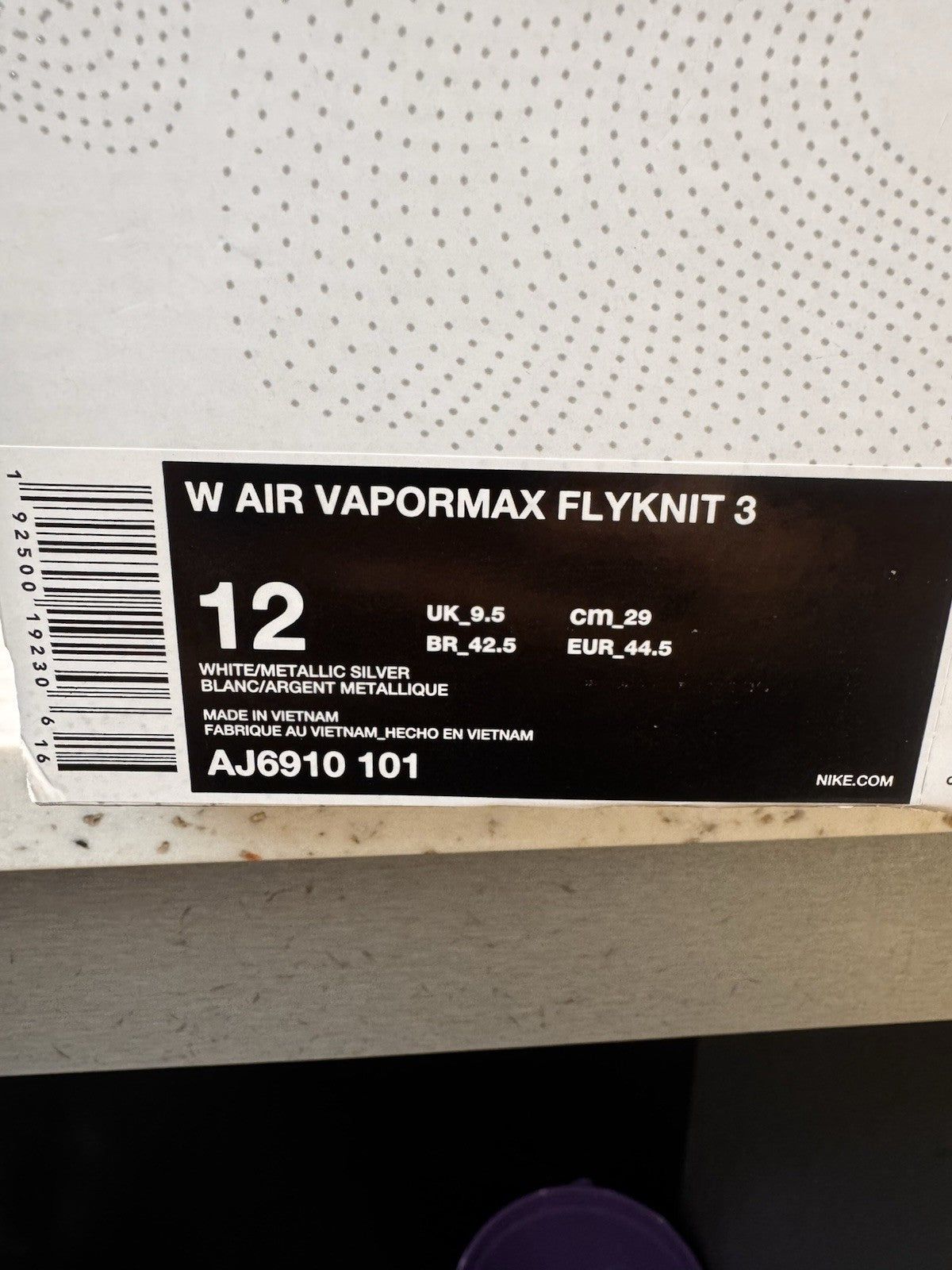 Nike Air VaporMax Flyknit 3 Reflective Silver  NO LID Women's Size 12/10.5M