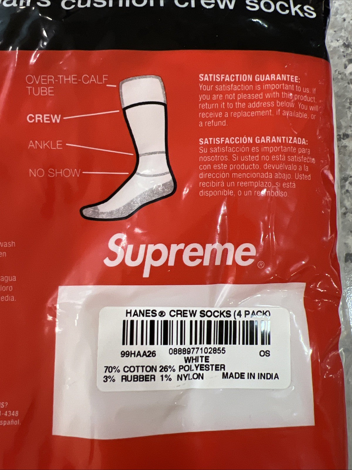 Supreme X Hanes Crew Socks - White/Black Sz 6-12