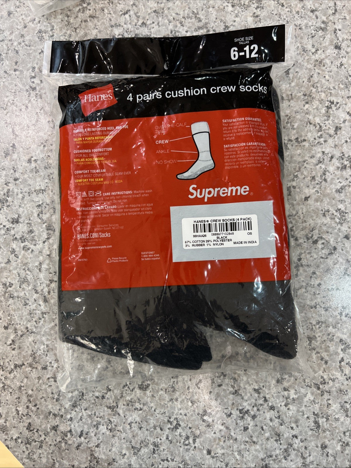 Supreme X Hanes Crew Socks - White/Black Sz 6-12