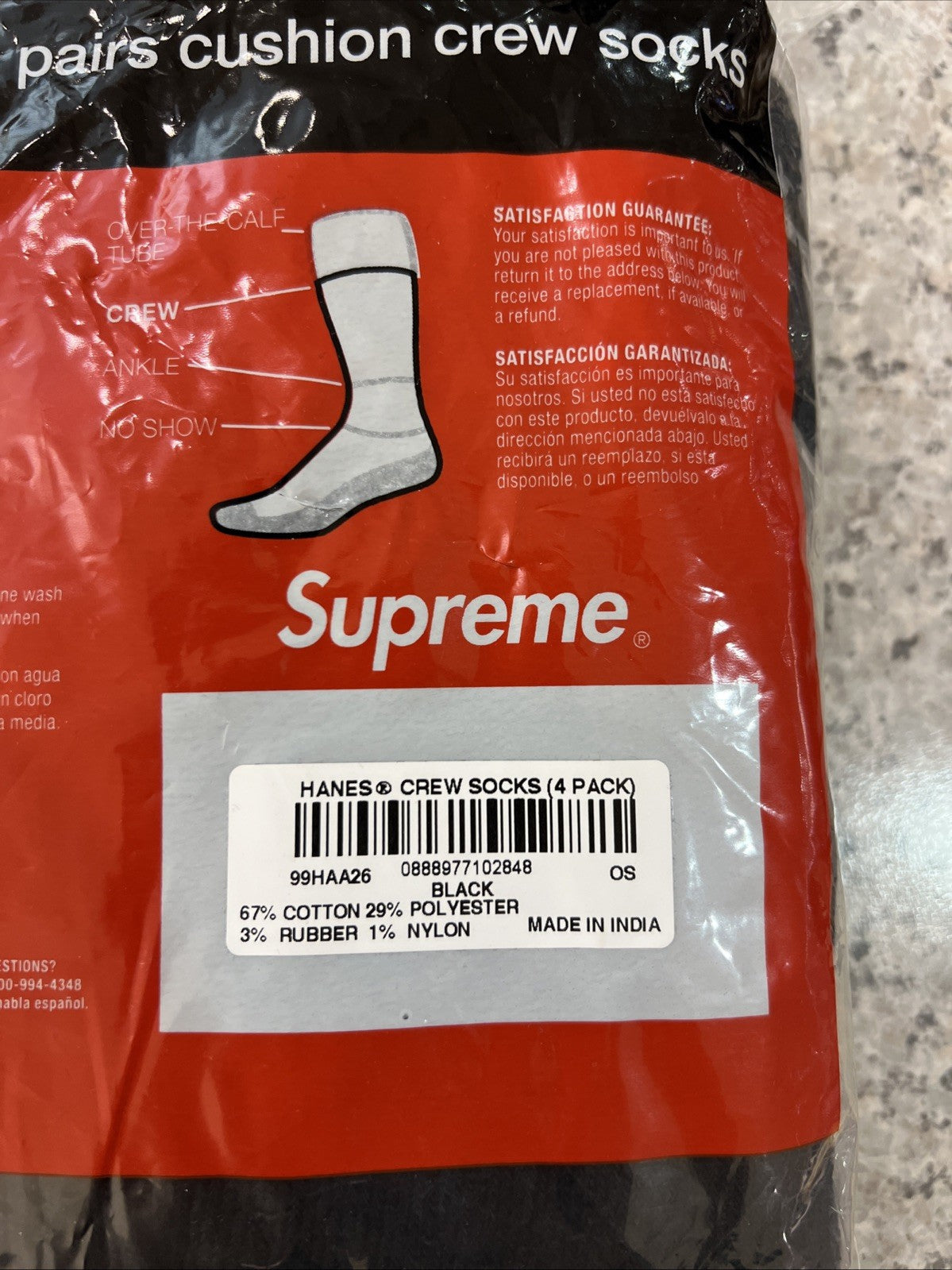 Supreme X Hanes Crew Socks - White/Black Sz 6-12