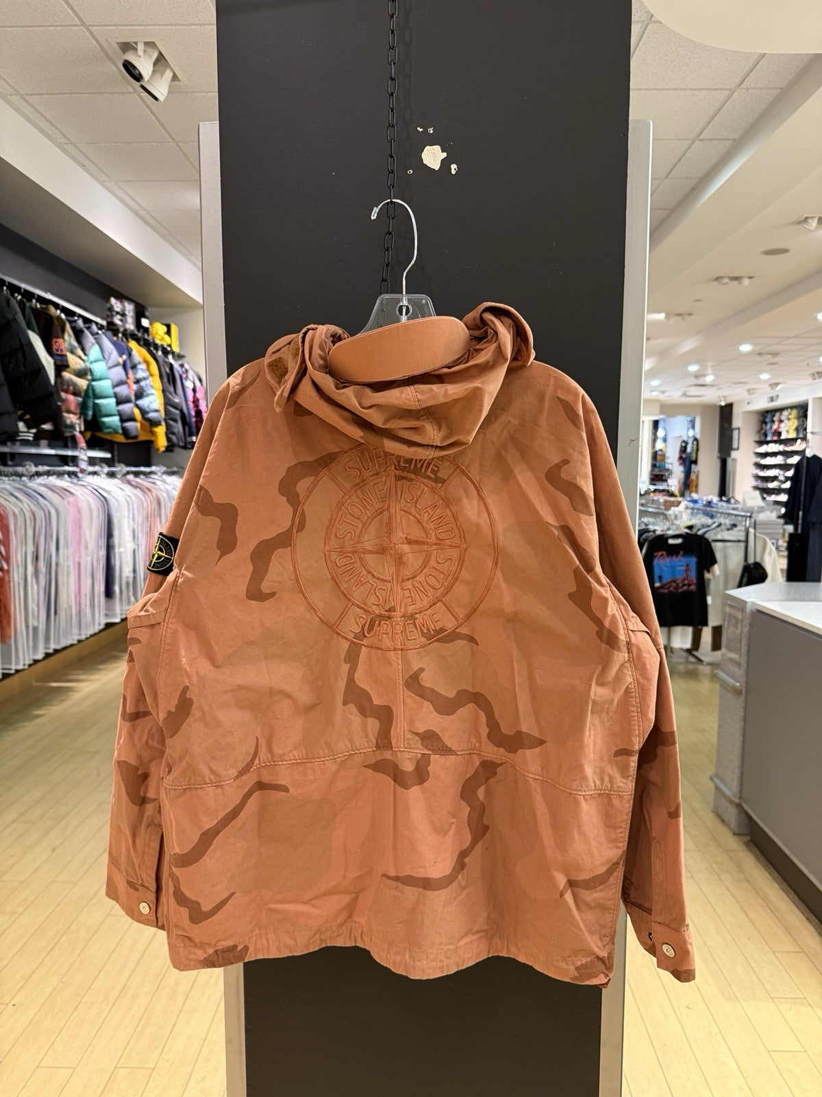 STONE ISLAND SUPREME Riot Mask Camo Jacket Hood Cotton Sand Coral Sz S