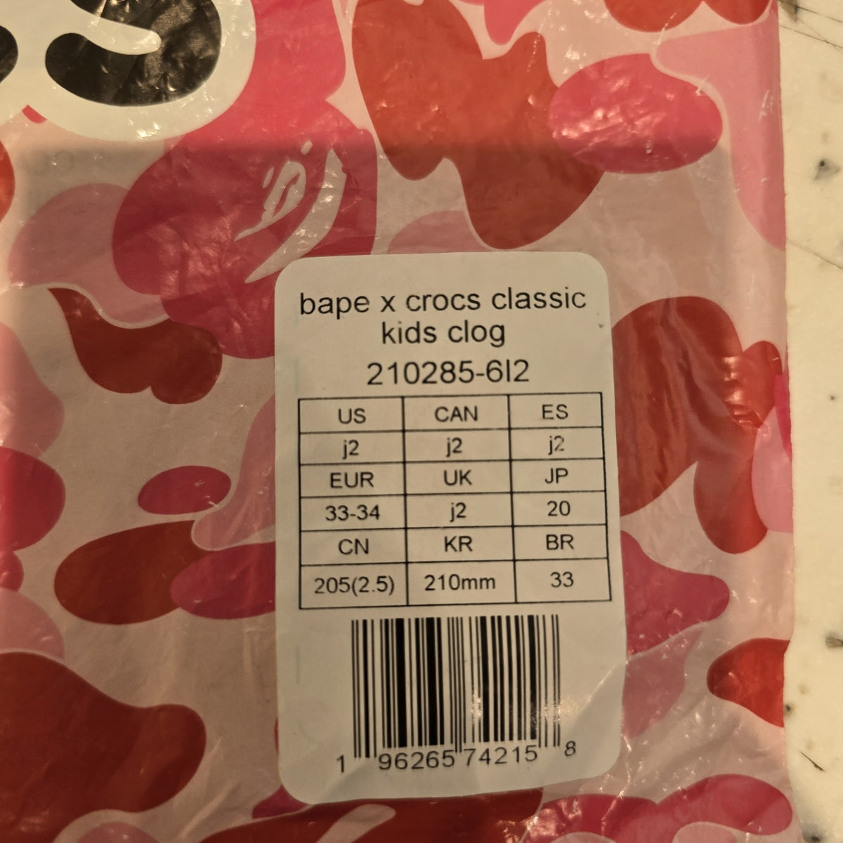 Size 2 - Bape X Crocs Classic Kids Clog Pink