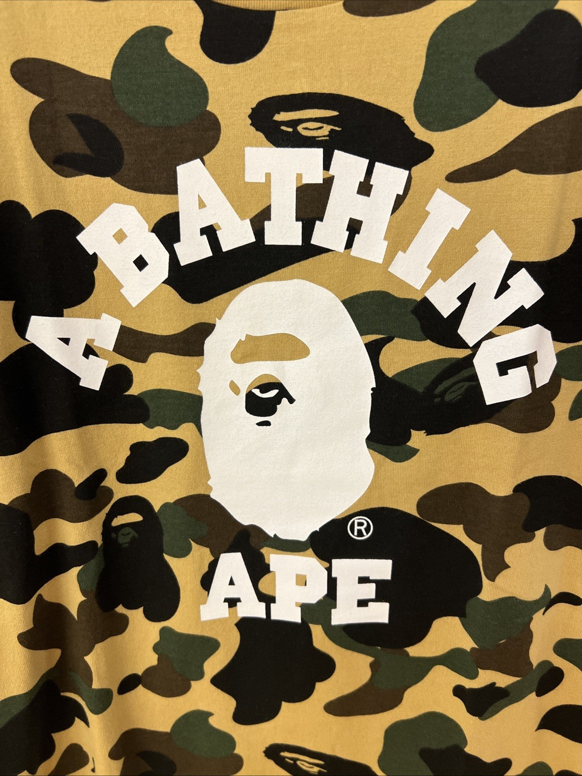 A Bathing Ape Yellow Camo Bape College T Shirt Size Small