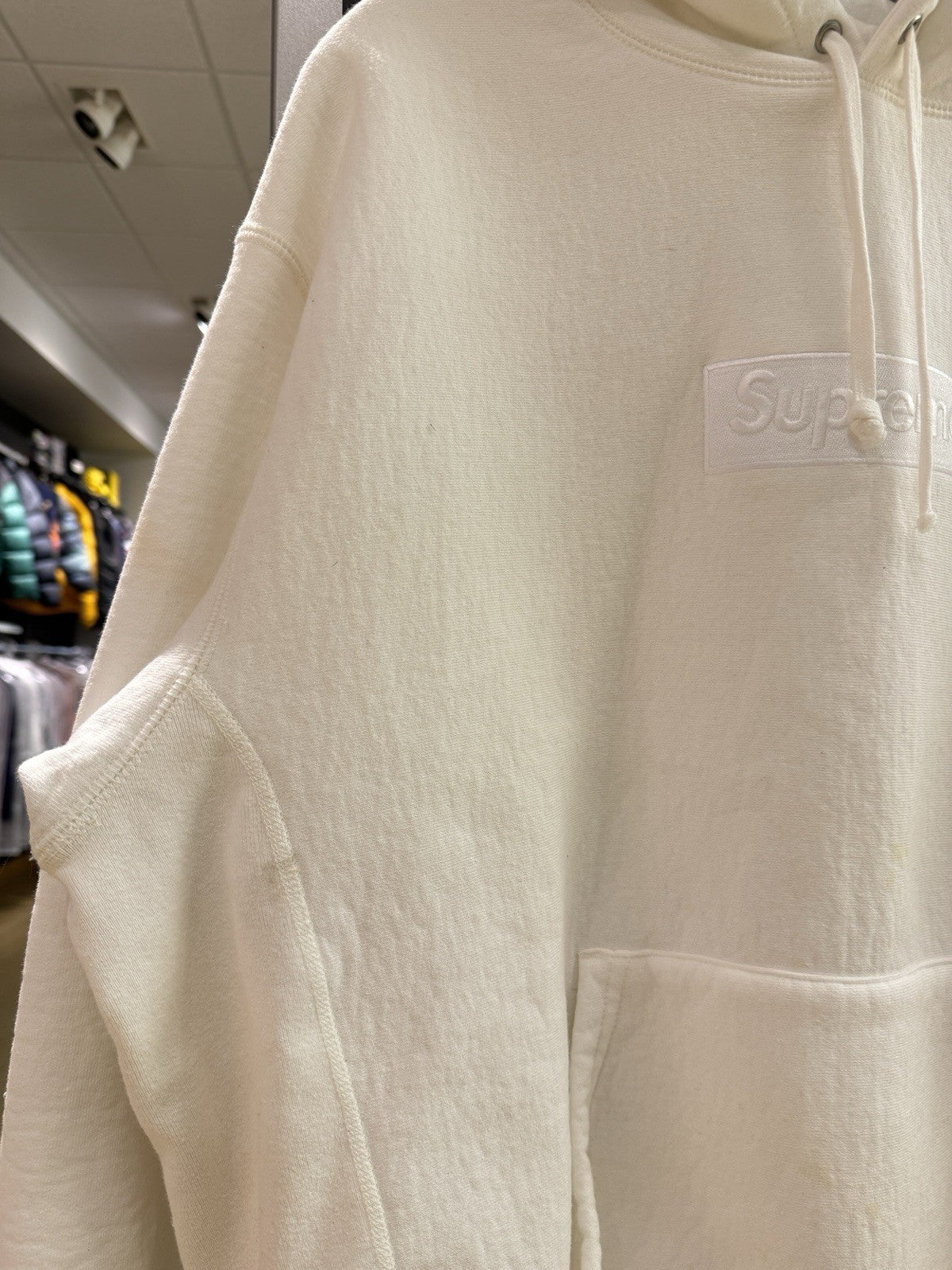 Supreme Box Logo Hooded Sweatshirt Hoodie White FW23 Sz L USED STAINS