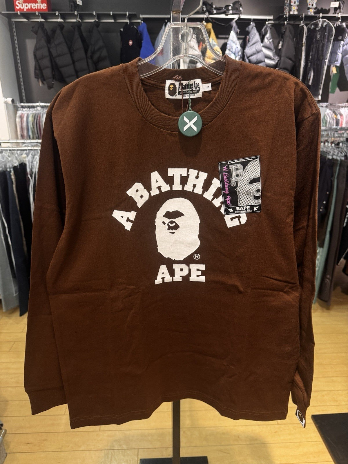 BAPE Mad Face College Long Sleeve Tee Brown Size Small
