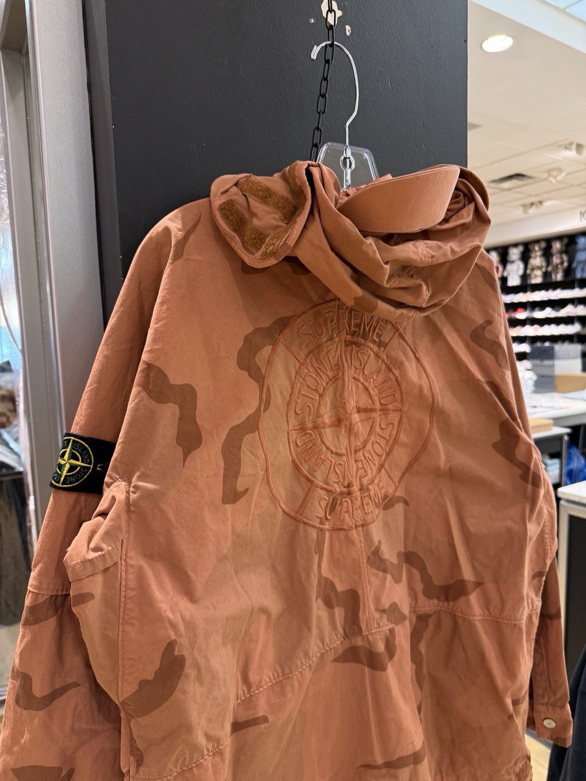 STONE ISLAND SUPREME Riot Mask Camo Jacket Hood Cotton Sand Coral Sz S