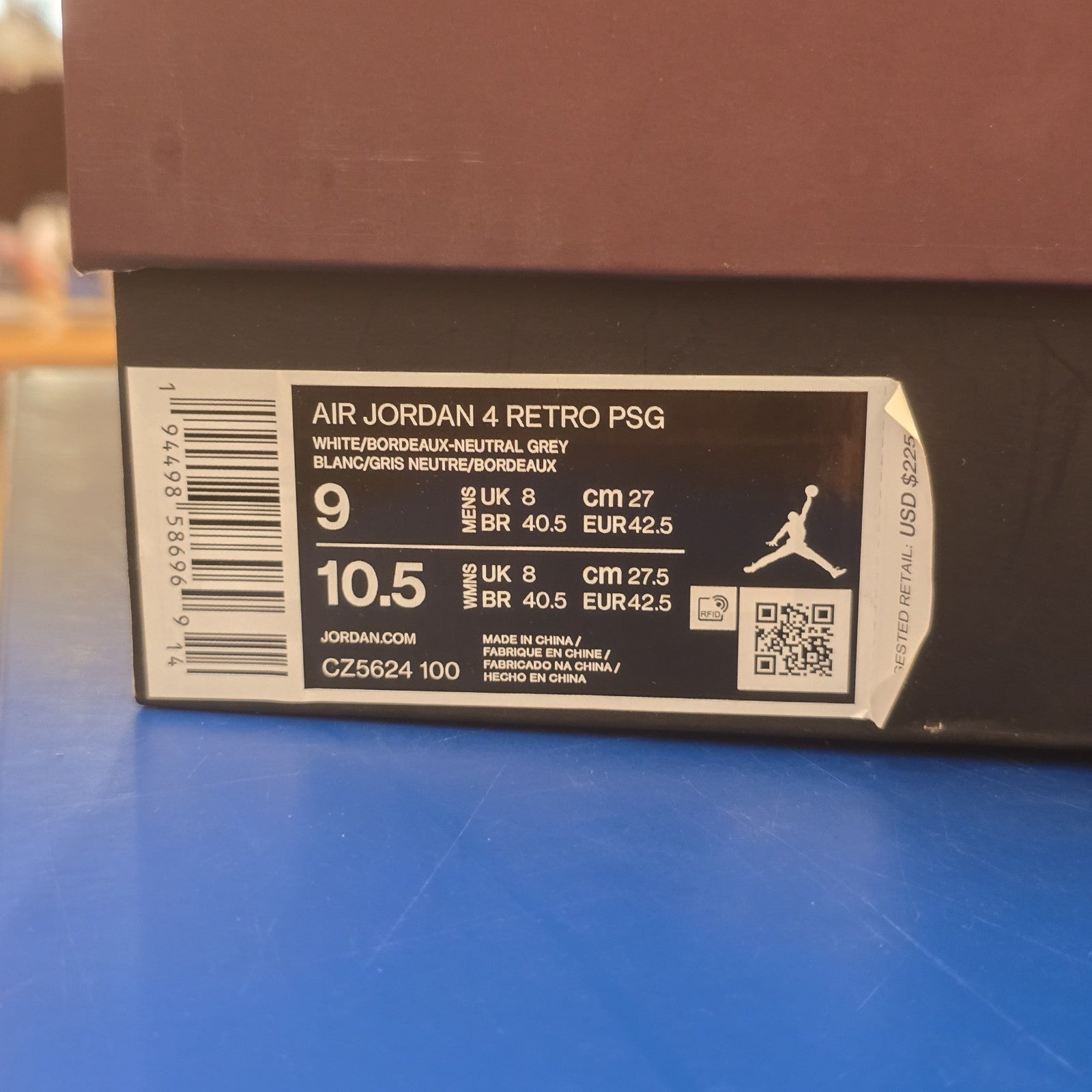 Size 9 - Jordan 4 Retro x Paris Saint-Germain Bordeaux 2020