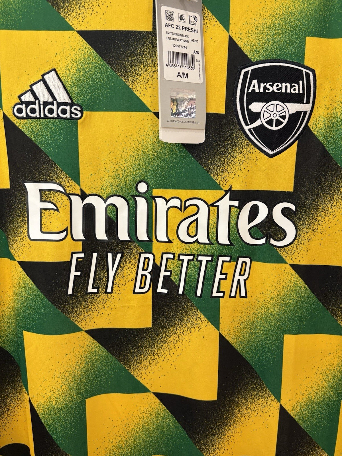 adidas Arsenal FC Pre-Match Jersey Eqt Yellow/Green/Black (2022) Size Medium 