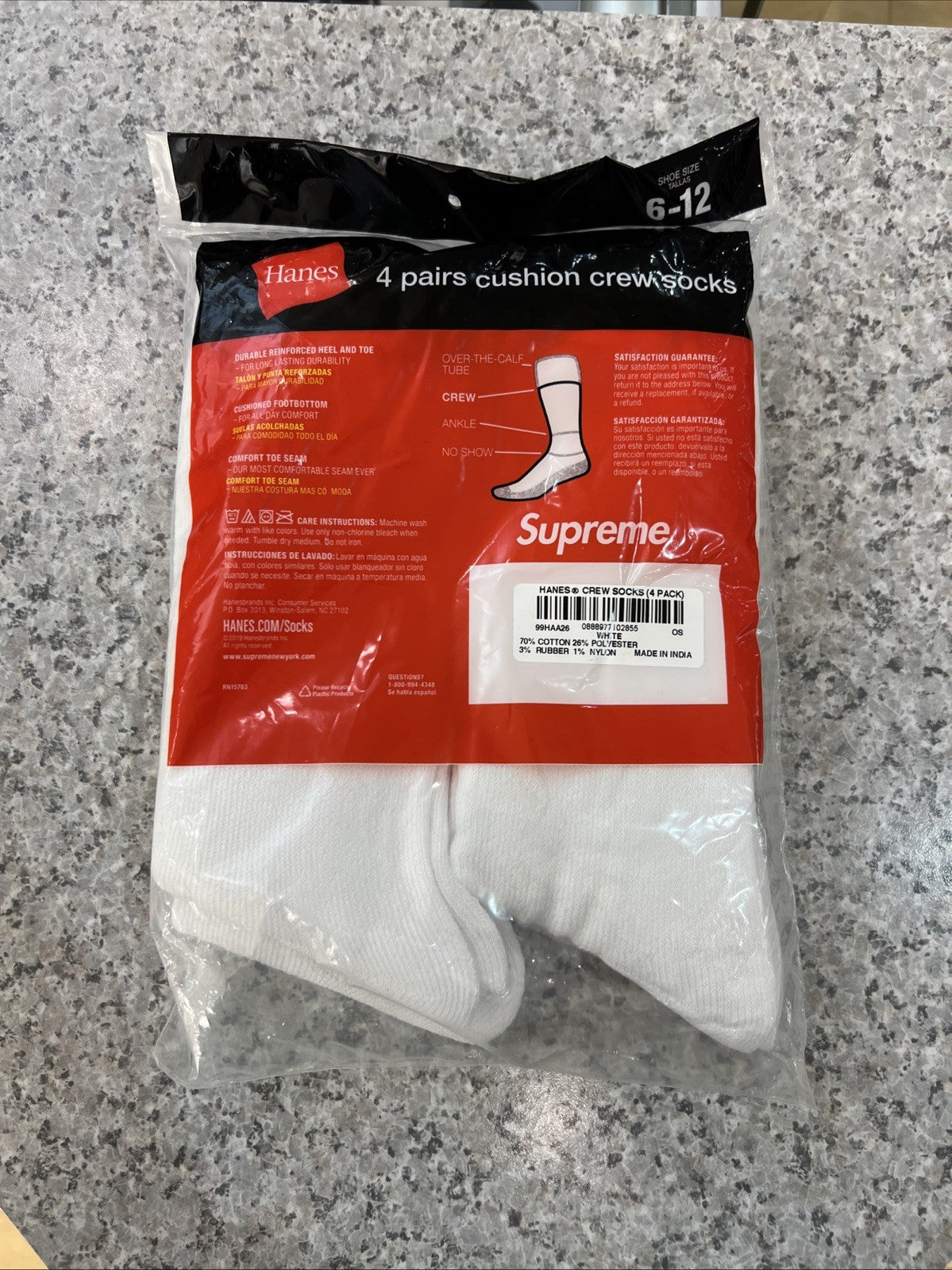 Supreme X Hanes Crew Socks - White/Black Sz 6-12