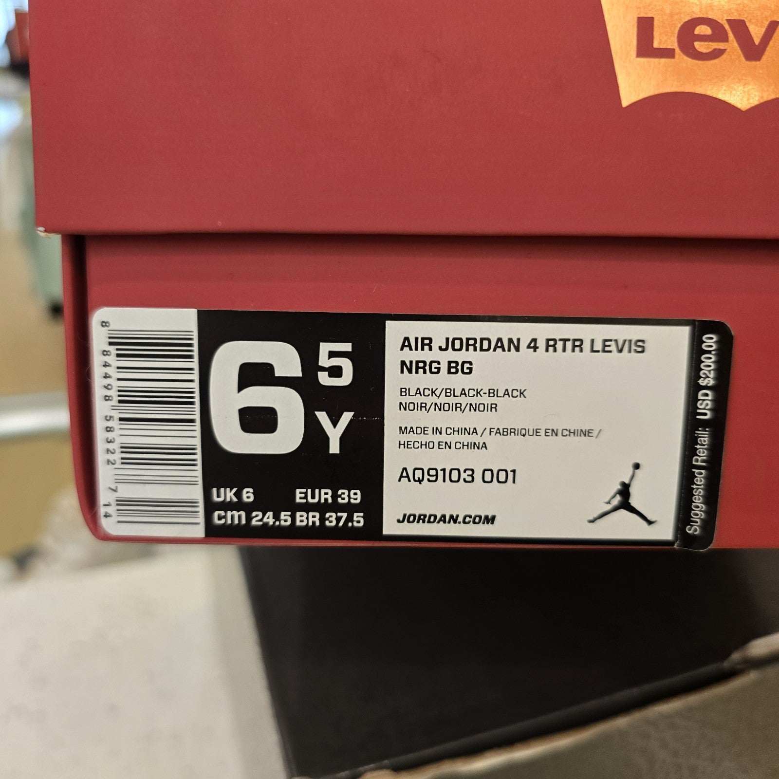 Size 6.5Y - Air Jordan 4 Retro GS Levi's Black